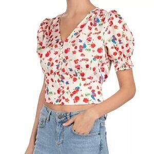 The Kooples Country Flowers Puff Sleeve Crop Top Blouse